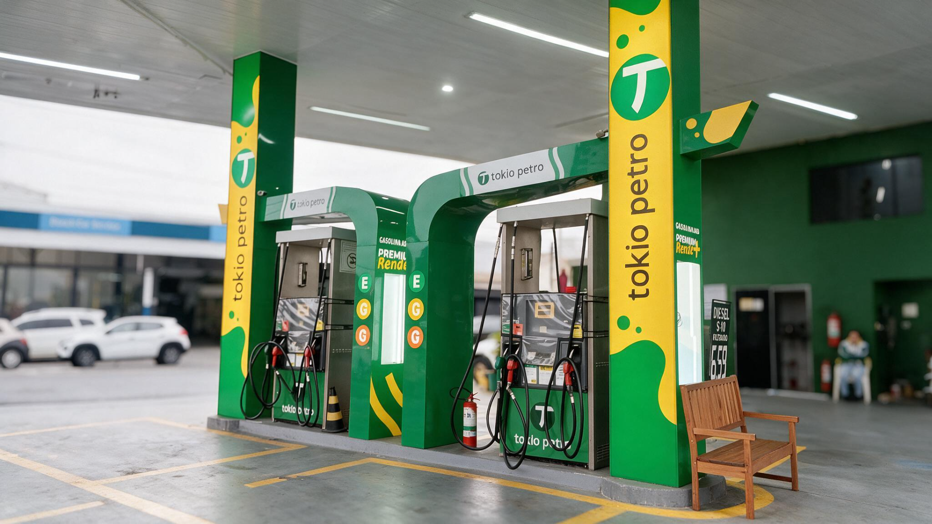 Pista com bombas, capa de bomba e sinalização Tokio Petro